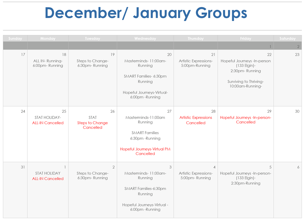 Calendar of CD Groups over the holidays