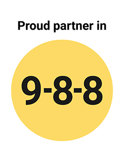 text saying "Proud partner in" with a yellow circle and the numbers 9-8-8