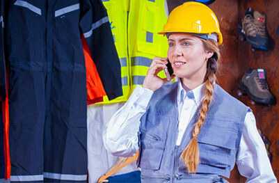 Young female construction worker talking on the phone.